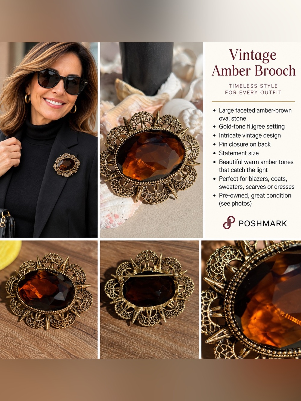 Gold Filigree Brooch with Dark Amber Stone